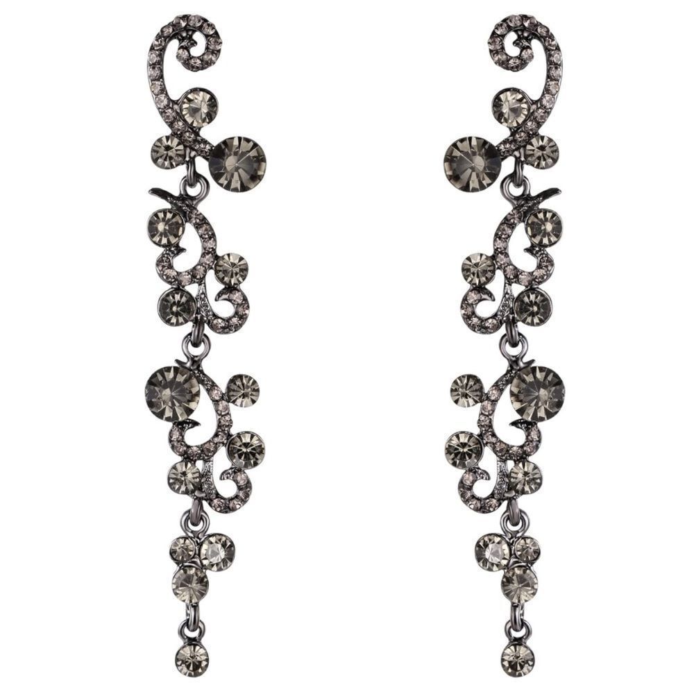 Gun Metal with Gray and Champagne Austrian Crystal Wave Statement Post Earrings